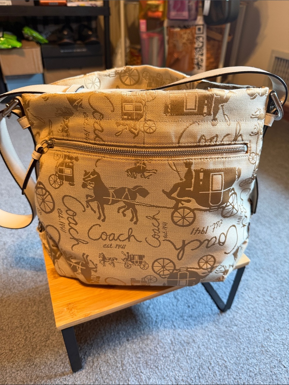 Coach Beige and Tan Signature Horse & Carriage Shoulder Bag - Picture 4 of 8